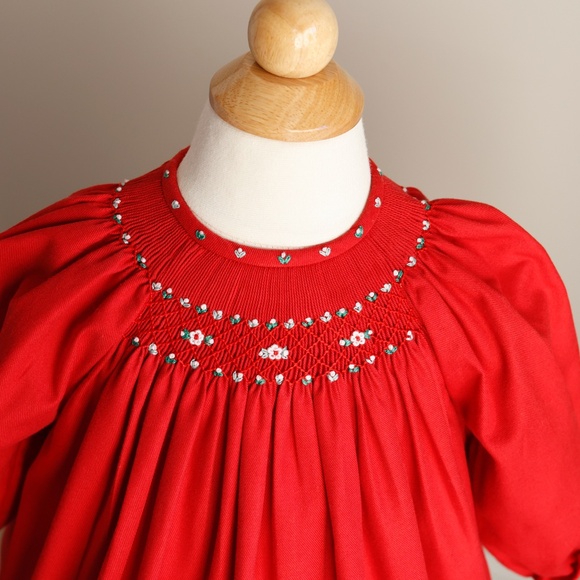 Red Smocked Bishop Dress Long Sleeve Hand-Embroidery Luli & Me Boutique LIKE NEW - Picture 2 of 5